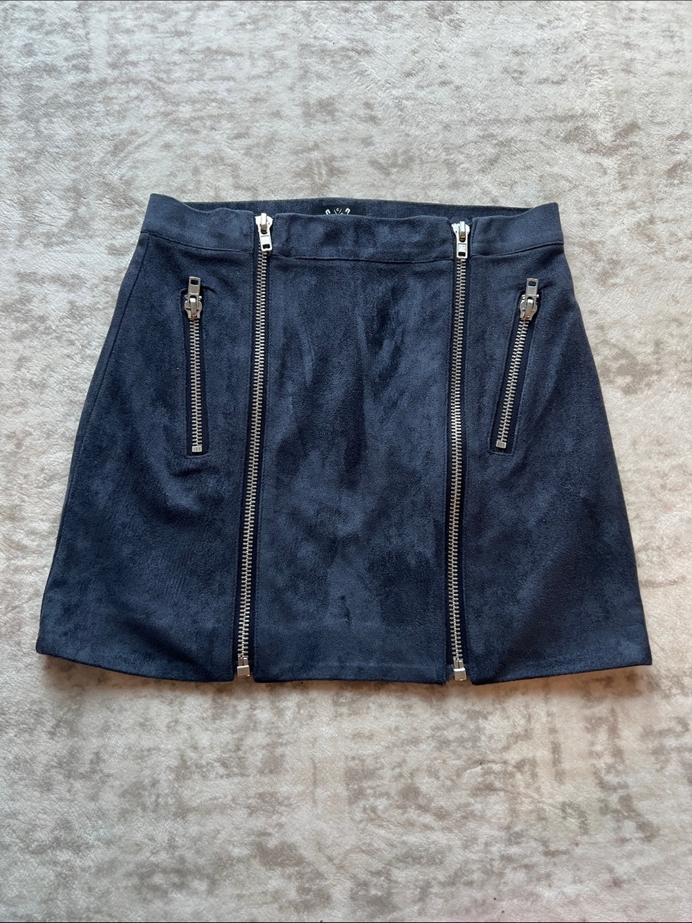 Black Suede-Look Mini Skirt with Zipper Details